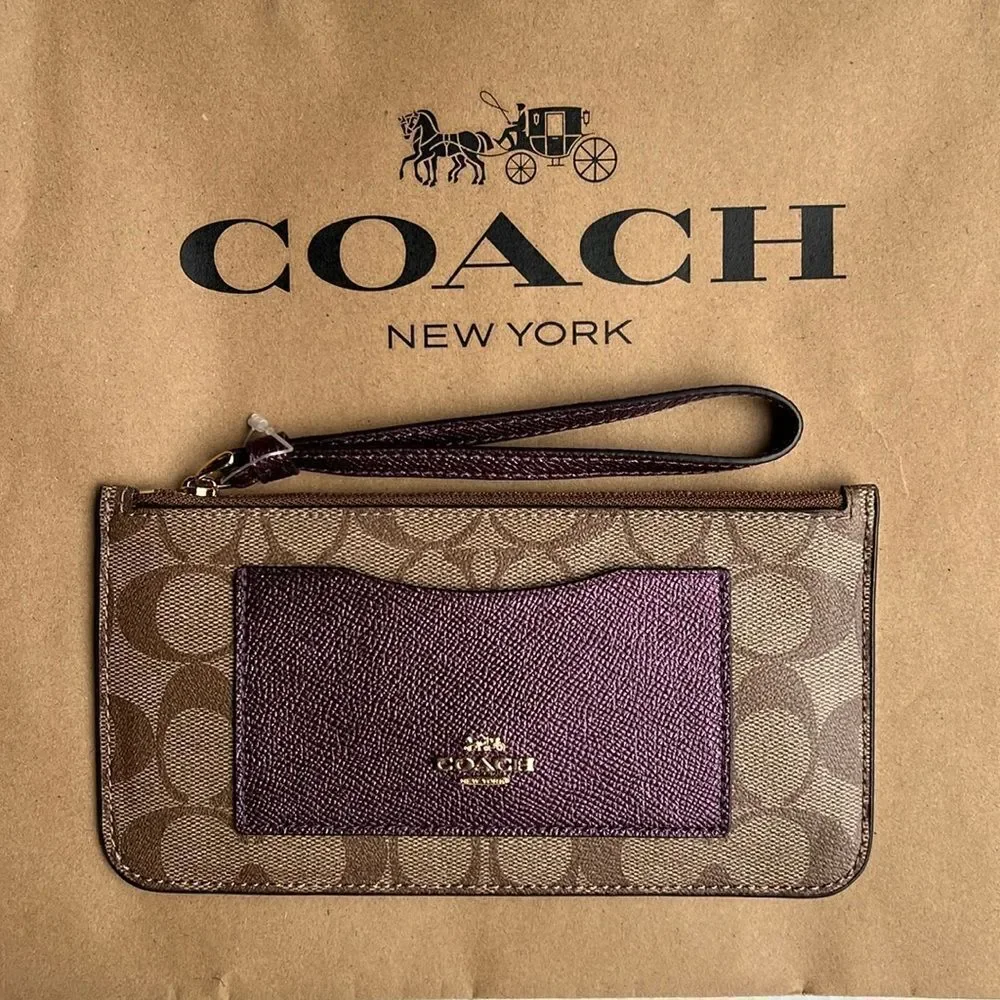 Coach Signature Zip Top Brown and Purple Wristlet